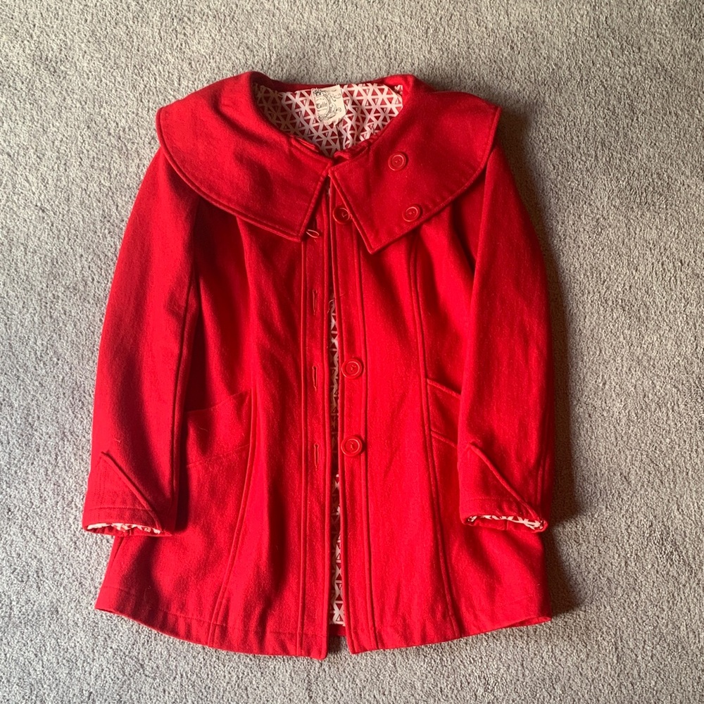 Tulle Red Pea Coat with Patterned Lining